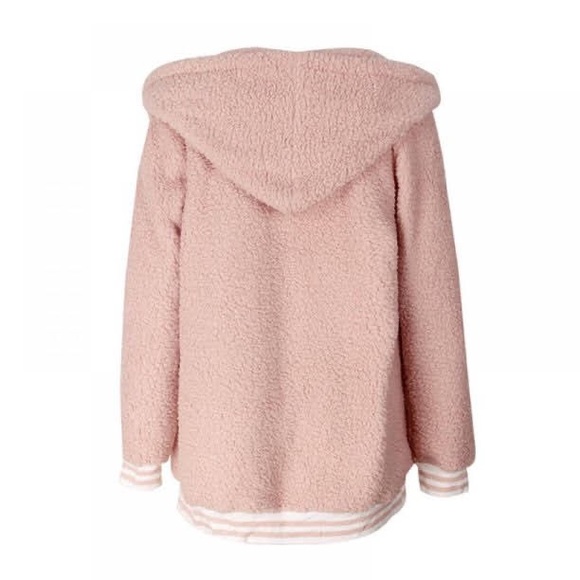 Blush Pink Teddy Fleece Sherpa Varsity Hoodie Jacket with Pockets - Picture 7 of 7